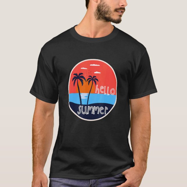Hej Sommarvskiva Beach och Handflatan Träd solnedg T Shirt (Framsida)