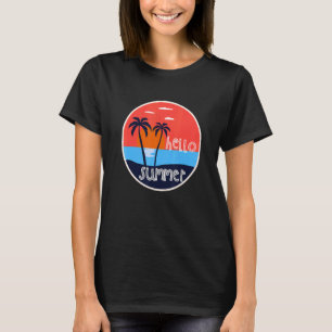 Hej Sommarvskiva Beach och Handflatan Träd solnedg T Shirt