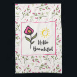 Hej  Söt Rosa Orange Wildlblommor Kökshandduk<br><div class="desc">En kökshandduk med kvadrat ram och rosa gräns, där inne står "Hej BeSnygg" skriven i ett trendig med en dold gult sol ovanför texten. Även en söt rosa, en lång stamblomma med grönt lämnar av till sidan. Bakgrunden är ett sömlöst mönster med vildblommor från hand plockade rosa med långa gröntar...</div>