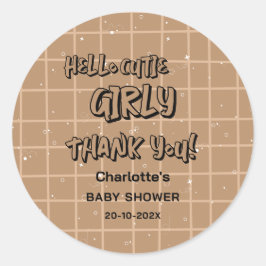 Hej söt tjej snygg Brun Gingham Baby Shower Runt Klistermärke