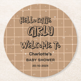 Hej söt tjej snygg brun gingham baby shower underlägg papper rund