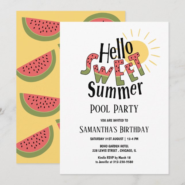 Hej Söta Sommar Vattenmelon Poolparty Födelsedag Inbjudningar (Fram/baksida)