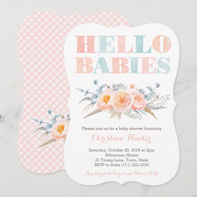 HEJ SPÄDBARN Peach Twillingars Baby Shower eller S Inbjudningar (Fram/baksida)