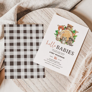 Hej Spädbarn Rustic Woodland Twin Baby Shower Inbjudningar