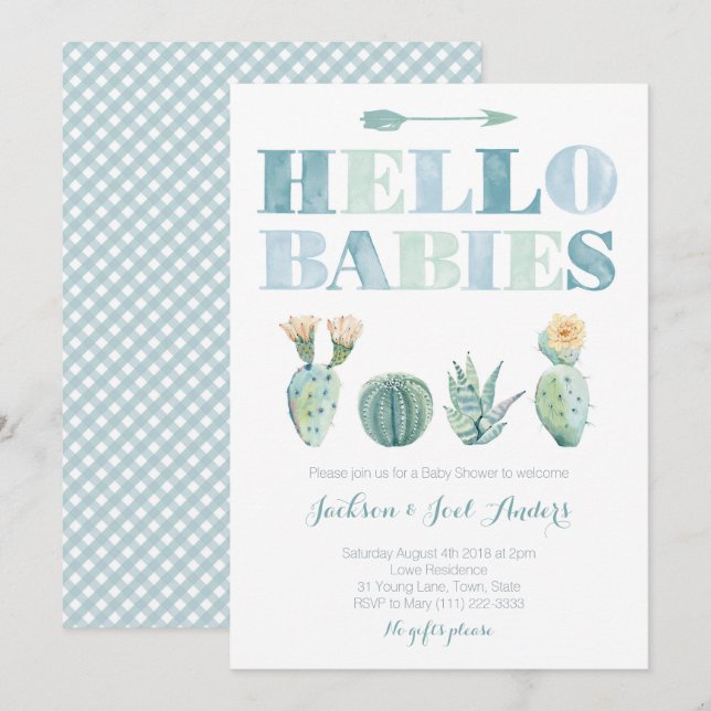 Hej Spädbarn Twin Boys Cactus Baby Shower Party Inbjudningar (Fram/baksida)