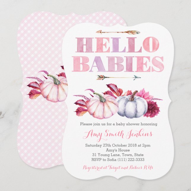 Hej Spädbarn! Twin Girls Pumpkin Baby Shower Party Inbjudningar (Fram/baksida)
