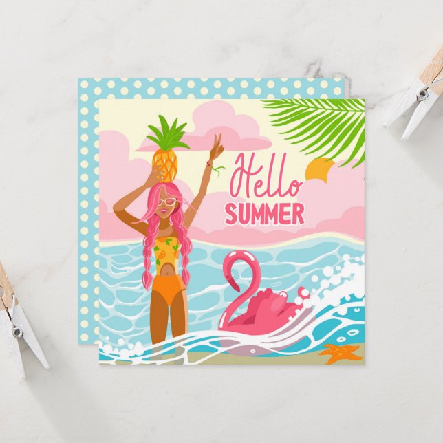 Hej Summer Beach Girl Greeting Card Kort (Fram/Back In Situ)