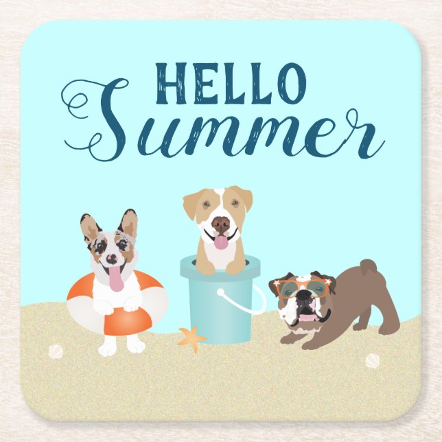 Hej Summer Beach Hundar Blue Orange Underlägg Papper Kvadrat (Framsidan)