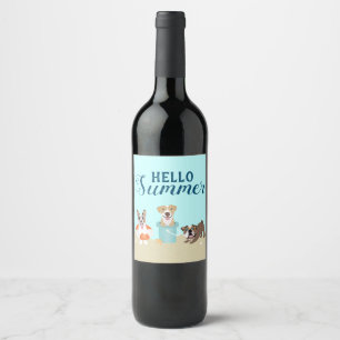 Hej Summer Beach Hundar Blue Vinflaska Etikett
