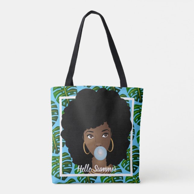 Hej Summer, Black Woman, Tropical Löv, Blue Tygkasse (Baksida)