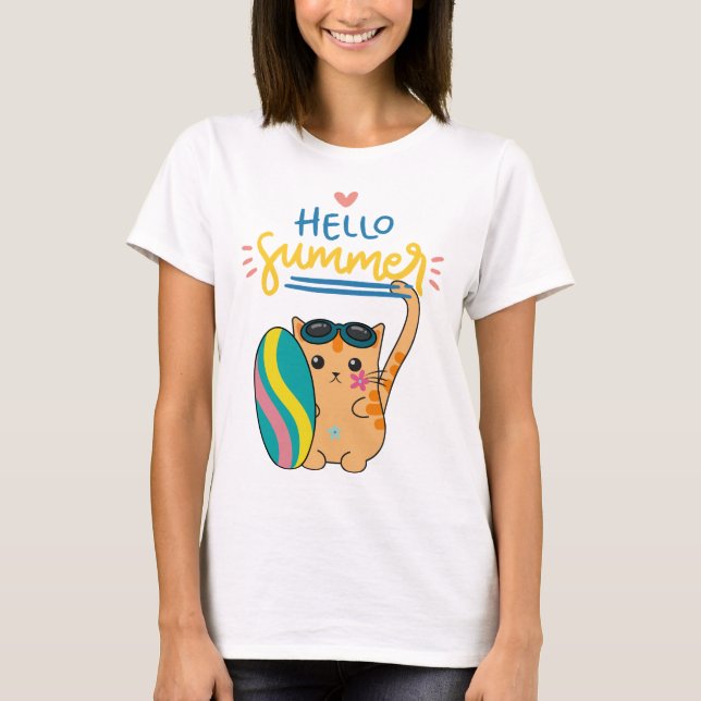 "Hej Summer Cat Surfer" T Shirt (Framsida)