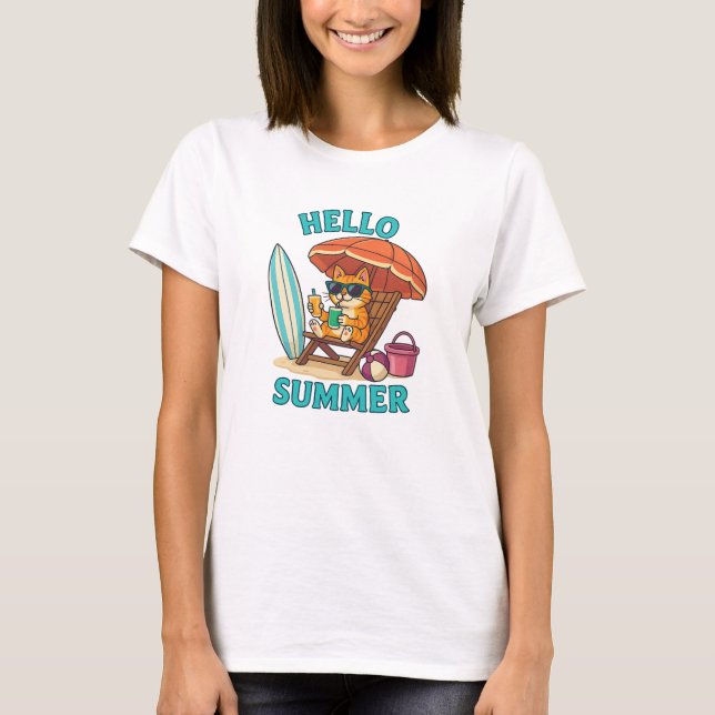 Hej Summer Cat T-Shirt - Cute Tecknad Beach Gift (Framsida)