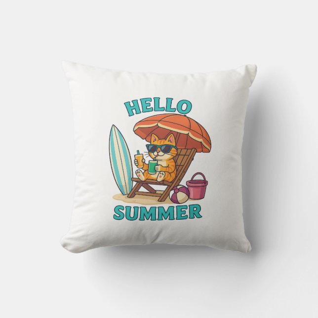 Hej Summer Cat T-Shirt - Cute Tecknad Beach Gift Kudde (Framsida)