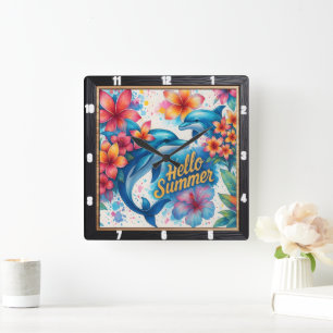 Hej Summer Dolphin Blommigt Fyrkantig Klocka
