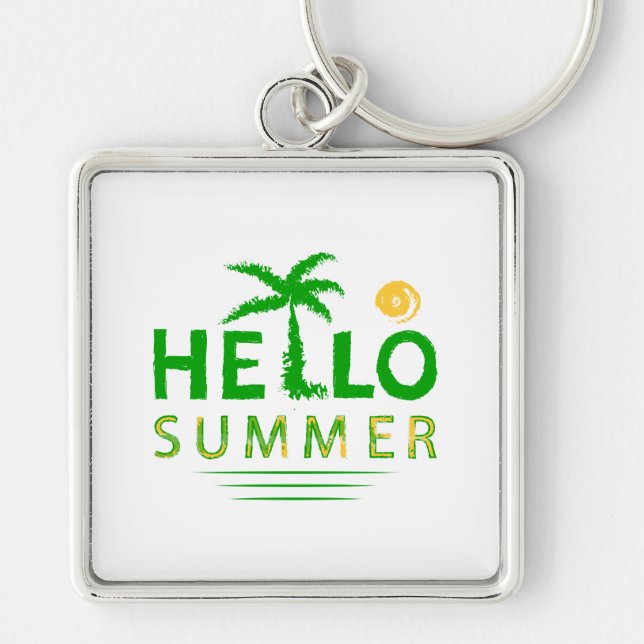 Hej Summer Fyrkantig Silverfärgad Nyckelring (Framsidan)