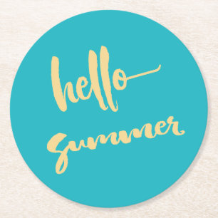 Hej Summer Gult Blue Modern Script Underlägg Papper Rund