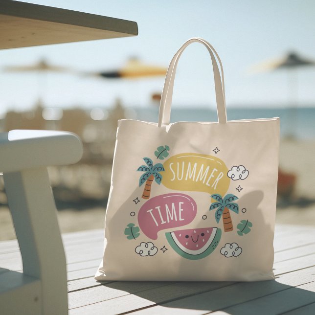 Hej Summer med Flamingo Tropical Tote Bag Tygkasse (hello summer, beach tote bag, vacation tote bag, school tote bag, colorful typography, gift for her)