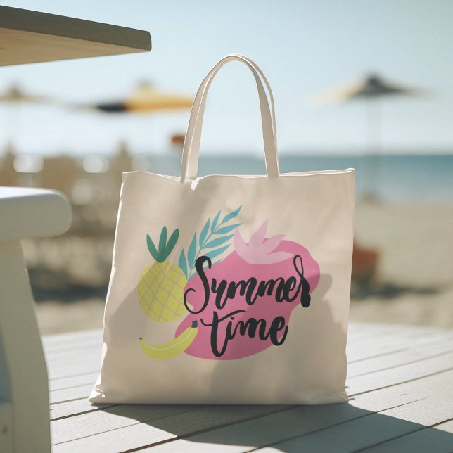 Hej Summer med Flamingo Tropical Tote Bag Tygkasse (hello summer, beach tote bag, vacation tote bag, school tote bag, colorful typography, gift for her)