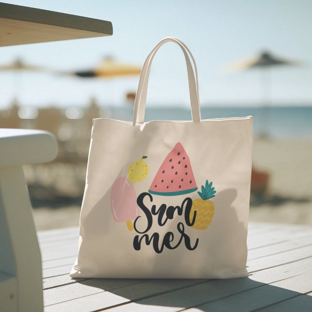 Hej Summer med Flamingo Tropical Tote Bag Tygkasse (hello summer, beach tote bag, vacation tote bag, school tote bag, colorful typography, gift for her)