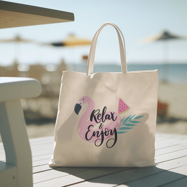 Hej Summer med Flamingo Tropical Tygkasse (hello summer, beach tote bag, vacation tote bag, school tote bag, colorful typography, gift for her)