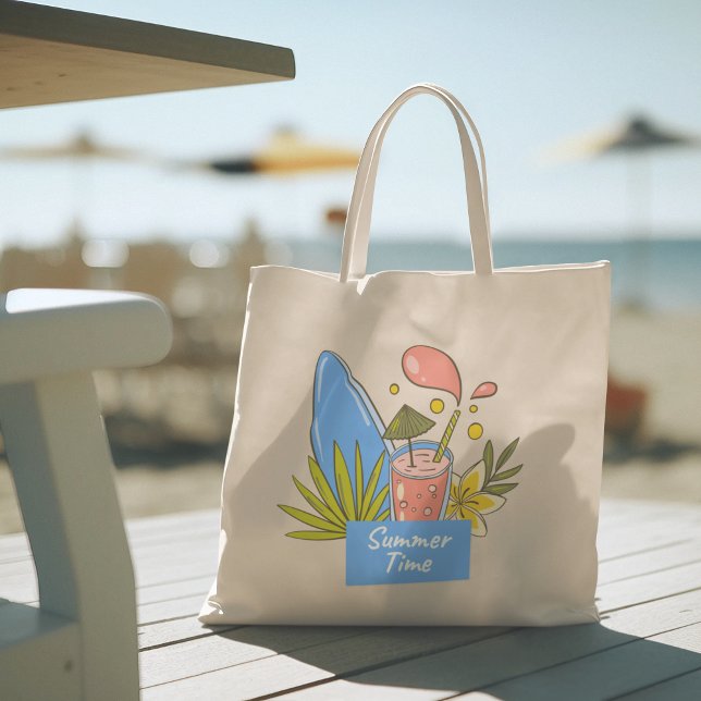 Hej Summer med typografi Tropical Tote Bag Tygkasse (hello summer, beach tote bag, vacation tote bag, school tote bag, colorful typography, gift for her)