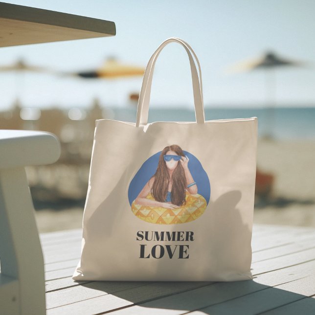 Hej Summer med typografi Tropical Tote Bag Tygkasse (hello summer, beach tote bag, vacation tote bag, school tote bag, colorful typography, gift for her)
