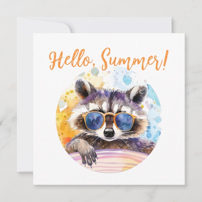 Hej Summer Raccoon in sunglass Watercolor Inbjudningar (Framsida)