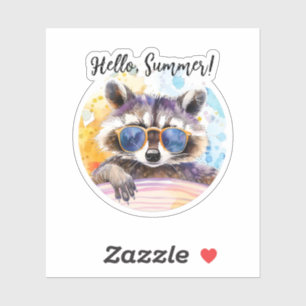 Hej Summer Raccoon in sunglass Watercolor Klistermärken