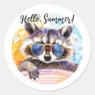 Hej Summer Raccoon in sunglass Watercolor Runt Klistermärke