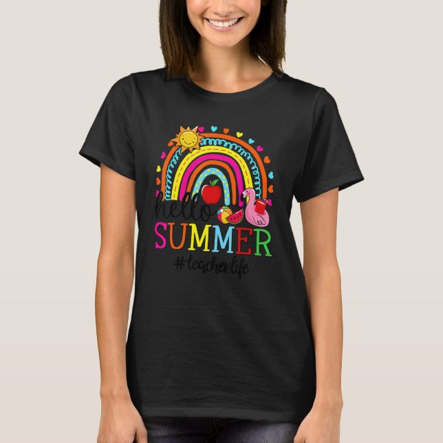 Hej Summer Rainbow Flamingo Watermelon Teacher L T Shirt (Framsida)