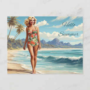 Hej Summer Retro Dam Walking på stranden Vykort