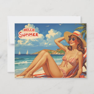 Hej Summer Retro Woman på stranden Vykort