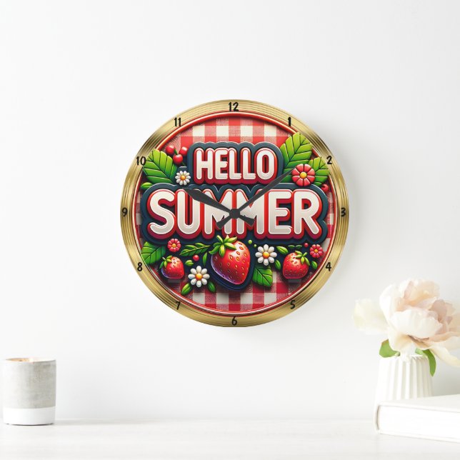 Hej Summer Strawberry Gingham Stor Klocka (Hem)