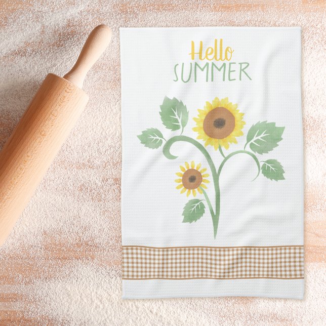 Hej Summer Sunblomma Gingham Kökshandduk (Skapare uppladdad)