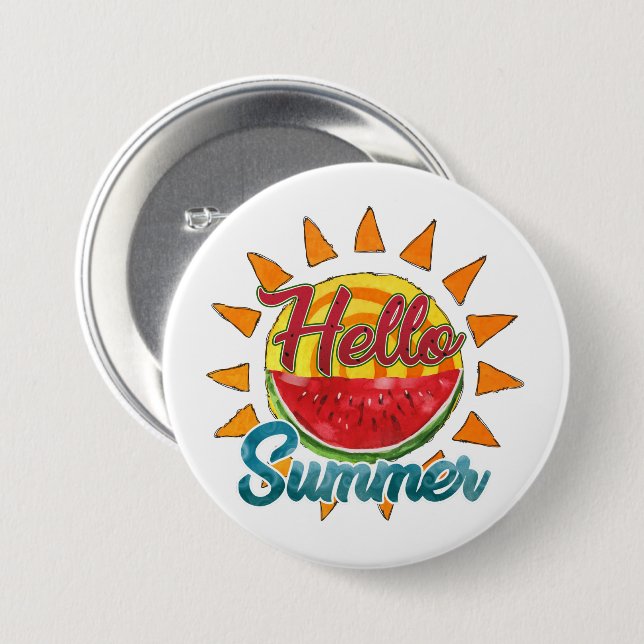 Hej Summer | Vattenfärg Watermelon och Vibrant Sol Knapp (Framsida & baksida)