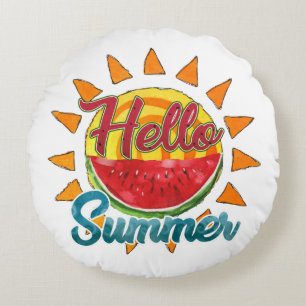 Hej Summer Vattenfärg Watermelon och Vibrant Sol Rund Kudde