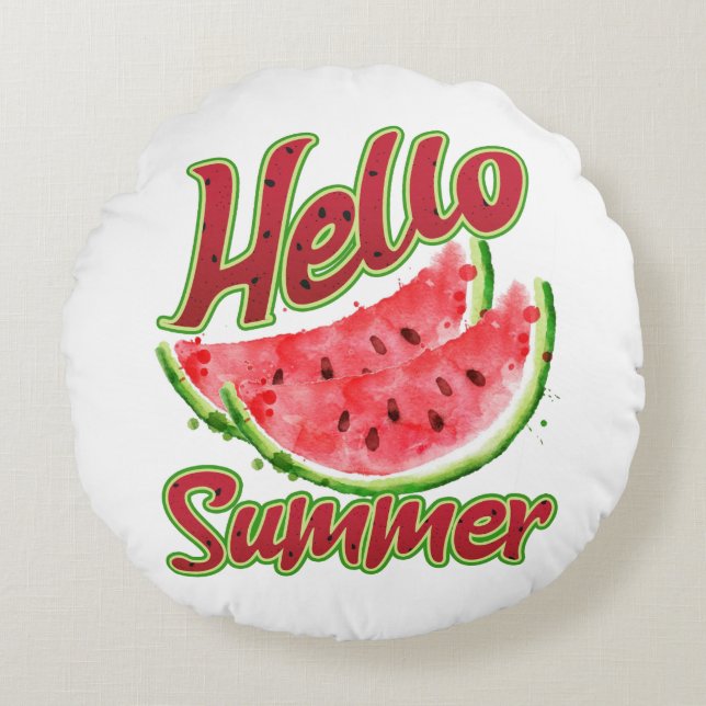 Hej Summer | Vattenfärgskonstruktion för vattenmel Rund Kudde (Framsidan)