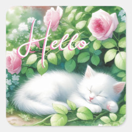 Hej | Sweet White Kitten Napping Fyrkantigt Klistermärke