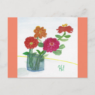 Hej! Tänker på dig målade blommor i en vas Vykort
