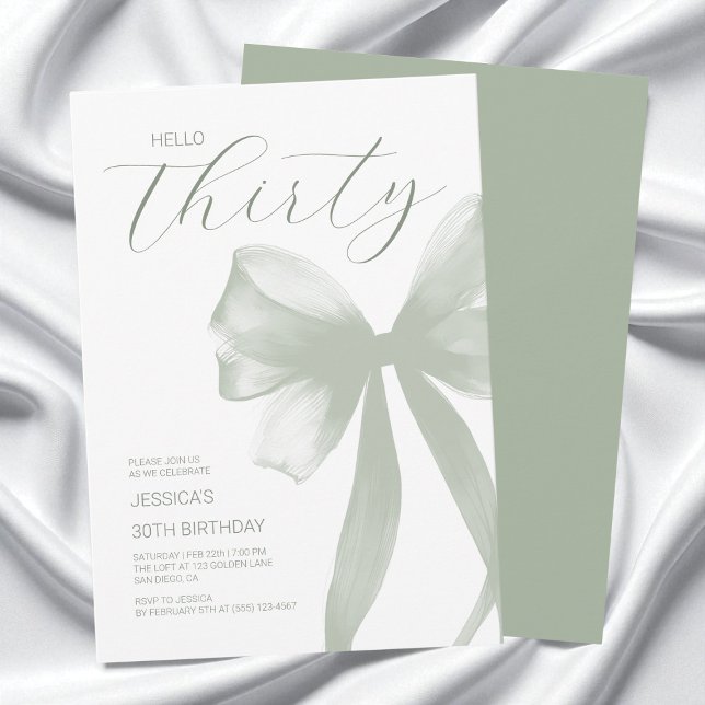 Hej Trettio Eleganter Grönt Bow 30års födelsedag P Inbjudningar (Hello Thirty Elegant Green Bow 30th Birthday Invitation)