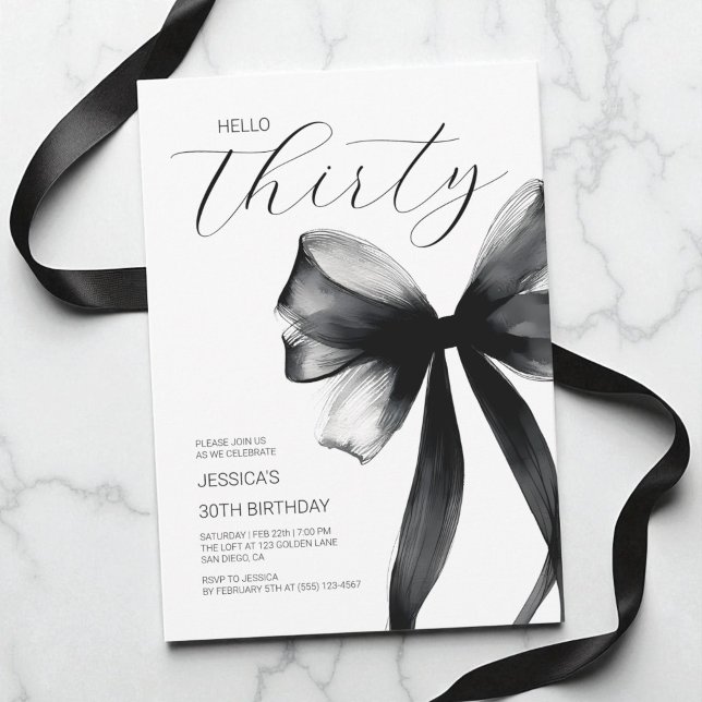 Hej Trettio Eleganter SkriptChic Bow 30års födelse Inbjudningar (Hello Thirty Elegant Script Bow 30th Birthday Invitation)