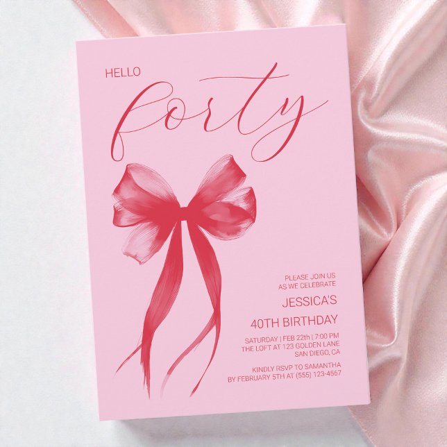 Hej Trettio Modern Bow Rosa 40:e födelsedagen Part Inbjudningar (Hello Thirty Modern Bow Pink 40th Birthday Party Invitation)