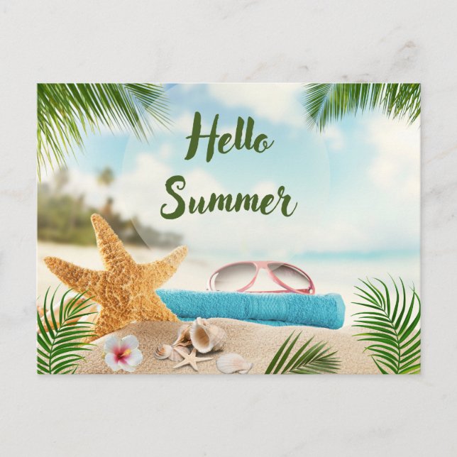 Hej Tropical Beach, Seashells, Sunglass Vykort (Framsida)