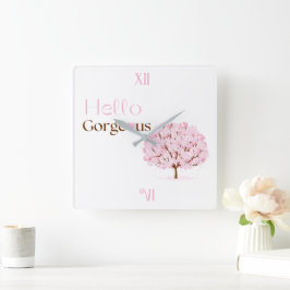 Hej underbar, Rosa blomstrande träd Fyrkantig Klocka