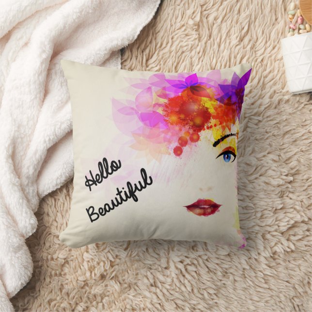 Hej Vacker Blommig Tjej Ansikte Kudd Kudde (Filt)
