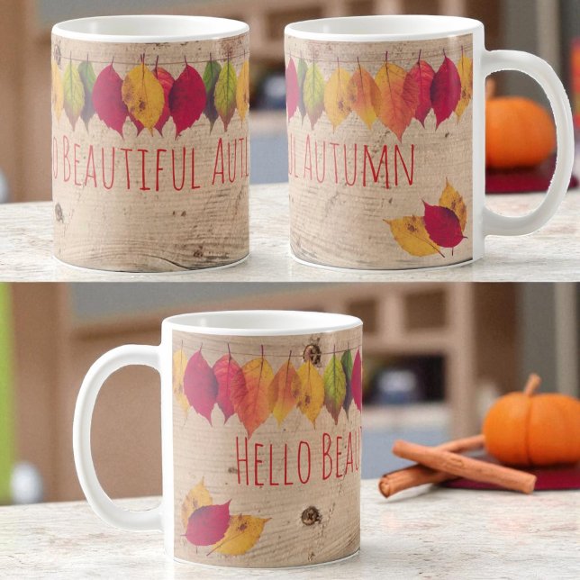 Hej Vacker färglös Höst löv Gräns Kaffemugg (View around the entire template text ceramic mug)
