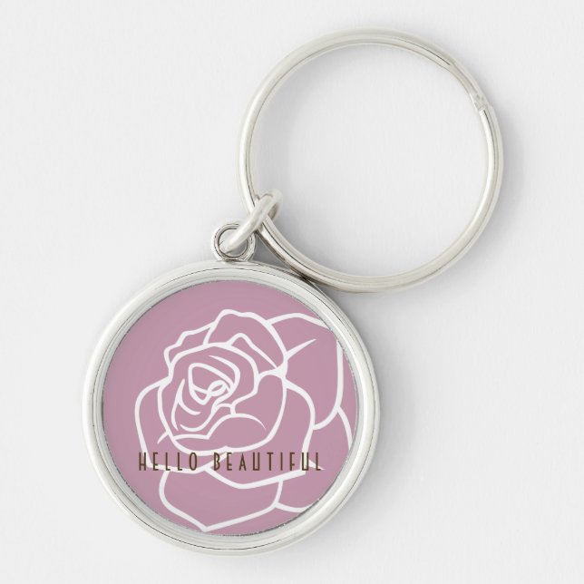 Hej Vacker - Modern Chic Blomster Rosa Ros Rund Silverfärgad Nyckelring (Framsidan)