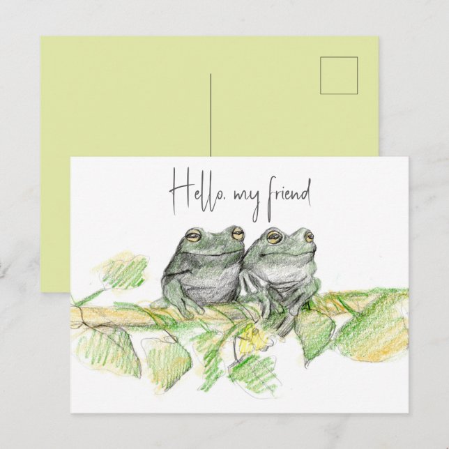 Hej Vän Grodor Träd Gren Natur Ritning Vykort (Fram/baksida)
