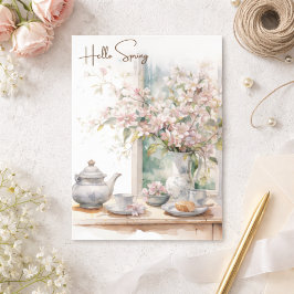 Hej Vår Akvarell Rosa Blommor Bukett Helg Vykort