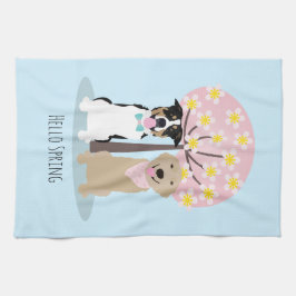 Hej Vår Hundar efter körsbärs Blommar Träd Kökshandduk